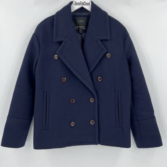 J. Crew Melton Wool Navy Blue Double‎ Breasted Peacoat B6474 Women’s Size 0 - Picture 1 of 10